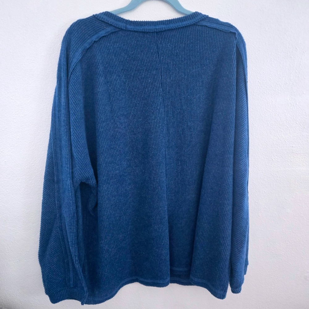 Zenana Blue Ribbed Long Sleeve Pocket Top Oversized Crew Neck 2X/3X HT-2221X5 - Picture 2 of 6